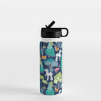 Geometric whimsical wonderland // navy blue background green forest with unicorns foxes gnomes and mushrooms Water Bottle Gallery Image 1