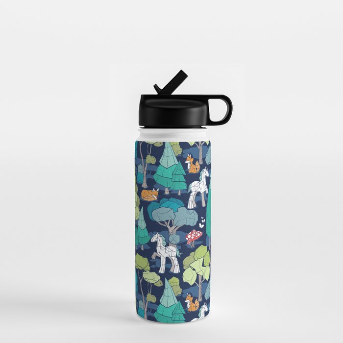 Geometric whimsical wonderland // navy blue background green forest with unicorns foxes gnomes and mushrooms Water Bottle Gallery Image 1