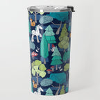 Geometric whimsical wonderland // navy blue background green forest with unicorns foxes gnomes and mushrooms Travel Mug Gallery Image 2