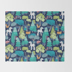 Geometric whimsical wonderland // navy blue background green forest with unicorns foxes gnomes and mushrooms Throw Blanket Gallery Image 2