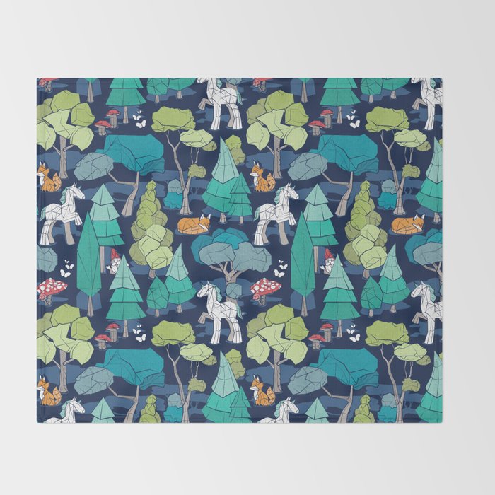 Geometric whimsical wonderland // navy blue background green forest with unicorns foxes gnomes and mushrooms Throw Blanket Gallery Image 2
