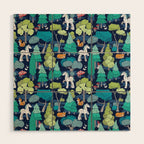 Geometric whimsical wonderland // navy blue background green forest with unicorns foxes gnomes and mushrooms Wood Wall Art Gallery Image 1