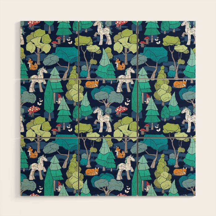 Geometric whimsical wonderland // navy blue background green forest with unicorns foxes gnomes and mushrooms Wood Wall Art Gallery Image 1