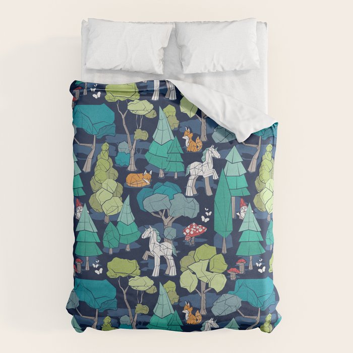 Geometric whimsical wonderland // navy blue background green forest with unicorns foxes gnomes and mushrooms Duvet Cover Gallery Image 1