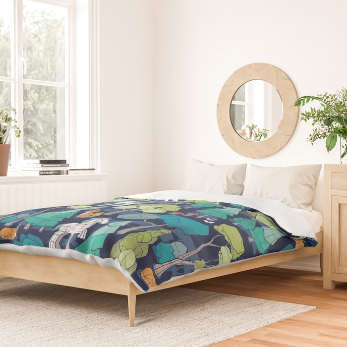 Geometric whimsical wonderland // navy blue background green forest with unicorns foxes gnomes and mushrooms Duvet Cover Gallery Image 2