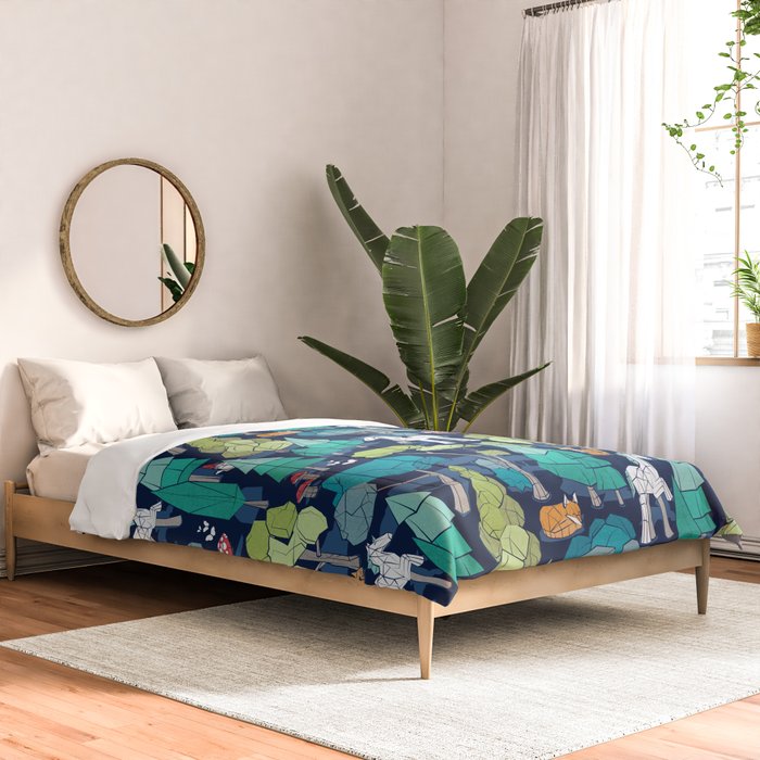 Geometric whimsical wonderland // navy blue background green forest with unicorns foxes gnomes and mushrooms Comforter Gallery Image 2