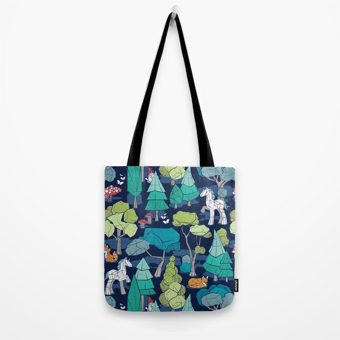 Geometric whimsical wonderland // navy blue background green forest with unicorns foxes gnomes and mushrooms Tote Bag Gallery Image 2