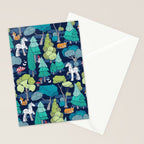 Geometric whimsical wonderland // navy blue background green forest with unicorns foxes gnomes and mushrooms Stationery Card Gallery Image 2
