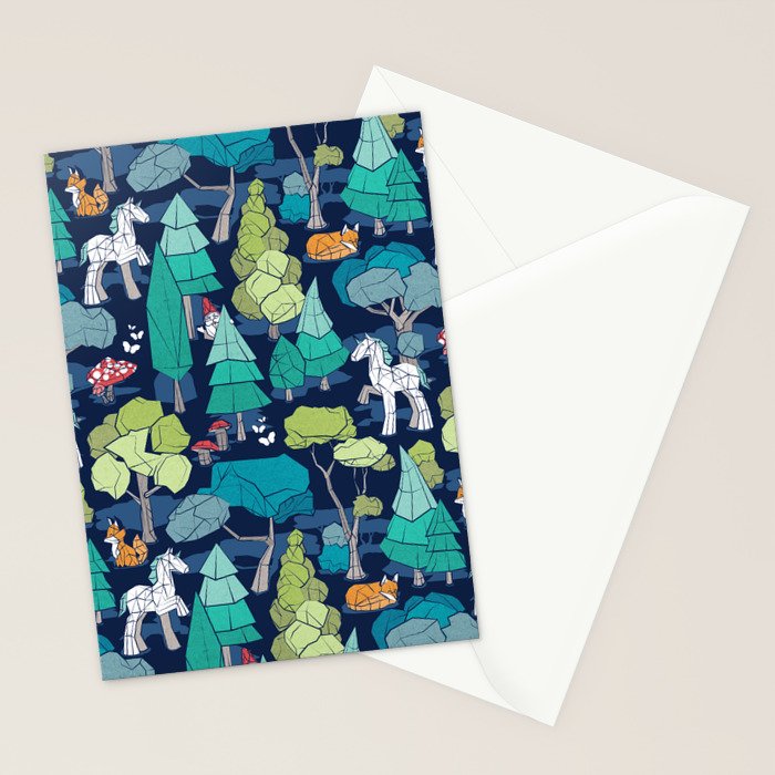 Geometric whimsical wonderland // navy blue background green forest with unicorns foxes gnomes and mushrooms Stationery Card Gallery Image 2