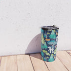 Geometric whimsical wonderland // navy blue background green forest with unicorns foxes gnomes and mushrooms Travel Mug Gallery Image 4