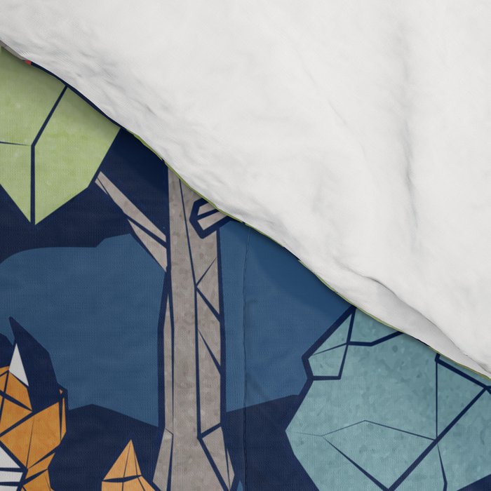 Geometric whimsical wonderland // navy blue background green forest with unicorns foxes gnomes and mushrooms Comforter Gallery Image 4