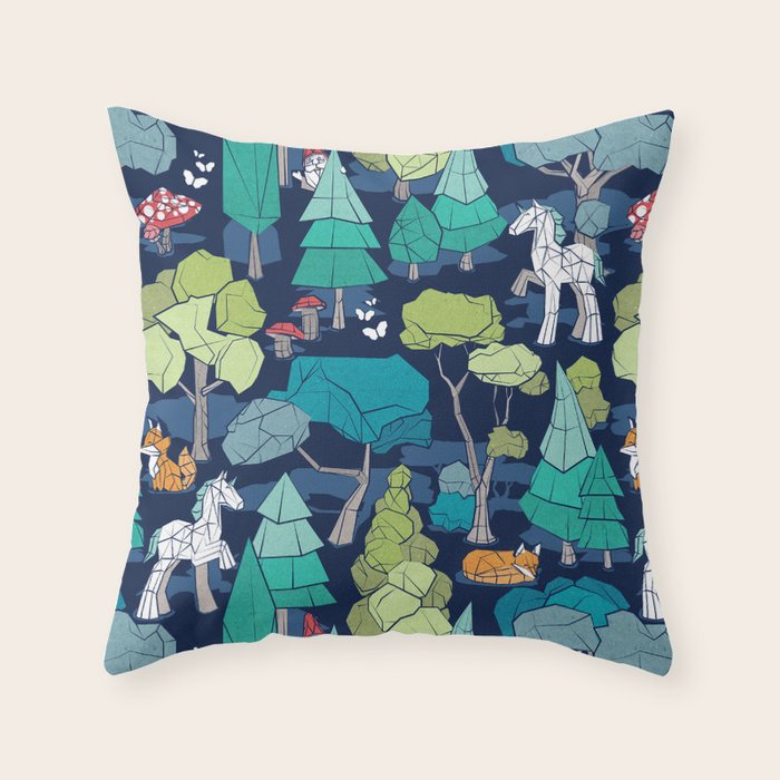 Geometric whimsical wonderland // navy blue background green forest with unicorns foxes gnomes and mushrooms Throw Pillow Gallery Image 6