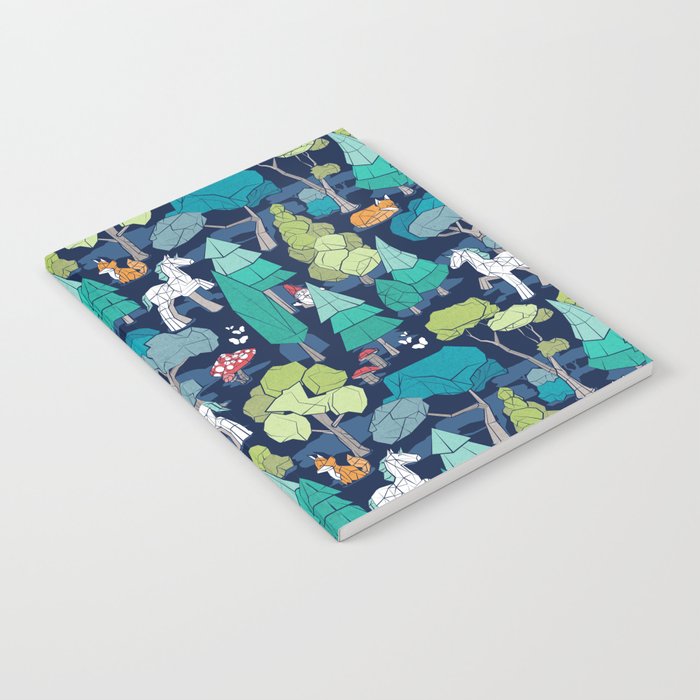 Geometric whimsical wonderland // navy blue background green forest with unicorns foxes gnomes and mushrooms Notebook Gallery Image 1
