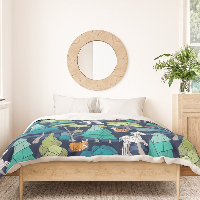 Geometric whimsical wonderland // navy blue background green forest with unicorns foxes gnomes and mushrooms Duvet Cover Gallery Image 3