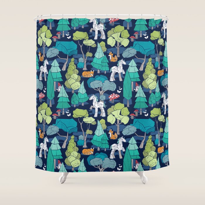Geometric whimsical wonderland // navy blue background green forest with unicorns foxes gnomes and mushrooms Shower Curtain Gallery Image 1