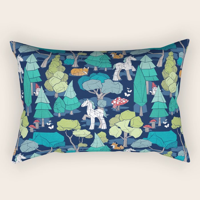 Geometric whimsical wonderland // navy blue background green forest with unicorns foxes gnomes and mushrooms Rectangular Pillow Gallery Image 1