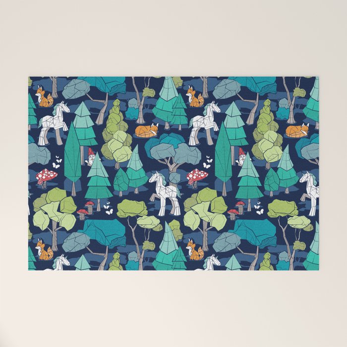Geometric whimsical wonderland // navy blue background green forest with unicorns foxes gnomes and mushrooms Welcome Mat Gallery Image 1