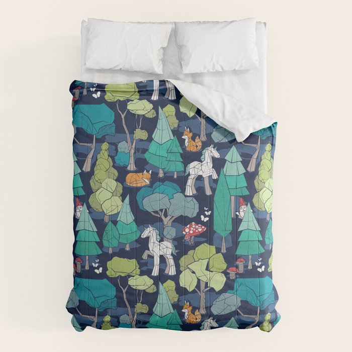 Geometric whimsical wonderland // navy blue background green forest with unicorns foxes gnomes and mushrooms Comforter Gallery Image 6