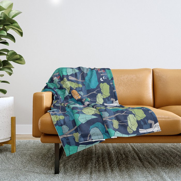 Geometric whimsical wonderland // navy blue background green forest with unicorns foxes gnomes and mushrooms Throw Blanket Gallery Image 1