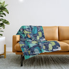 Geometric whimsical wonderland // navy blue background green forest with unicorns foxes gnomes and mushrooms Throw Blanket Gallery Image 1