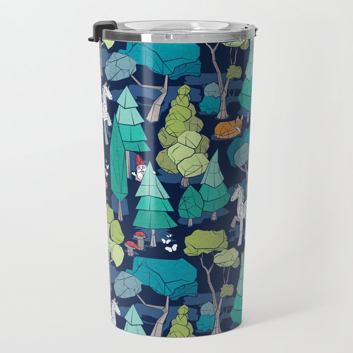 Geometric whimsical wonderland // navy blue background green forest with unicorns foxes gnomes and mushrooms Travel Mug Gallery Image 3