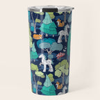 Geometric whimsical wonderland // navy blue background green forest with unicorns foxes gnomes and mushrooms Travel Mug Gallery Image 1