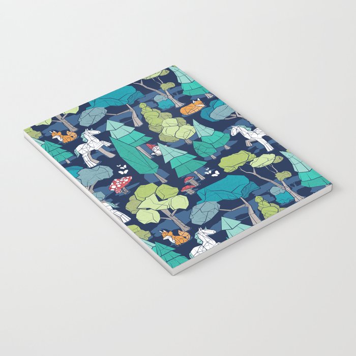 Geometric whimsical wonderland // navy blue background green forest with unicorns foxes gnomes and mushrooms Notebook Gallery Image 3