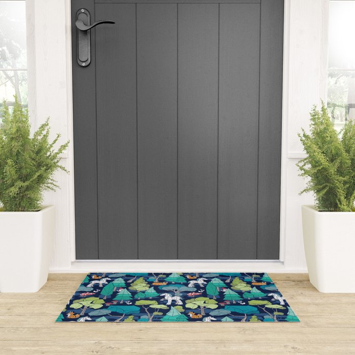 Geometric whimsical wonderland // navy blue background green forest with unicorns foxes gnomes and mushrooms Welcome Mat Gallery Image 3