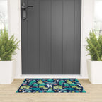 Geometric whimsical wonderland // navy blue background green forest with unicorns foxes gnomes and mushrooms Welcome Mat Gallery Image 3
