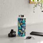 Geometric whimsical wonderland // navy blue background green forest with unicorns foxes gnomes and mushrooms Water Bottle Gallery Image 4