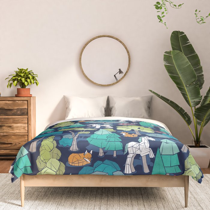 Geometric whimsical wonderland // navy blue background green forest with unicorns foxes gnomes and mushrooms Comforter Gallery Image 3