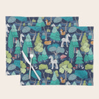 Geometric whimsical wonderland // navy blue background green forest with unicorns foxes gnomes and mushrooms Placemat Gallery Image 1