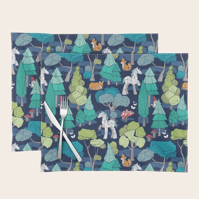 Geometric whimsical wonderland // navy blue background green forest with unicorns foxes gnomes and mushrooms Placemat Gallery Image 1