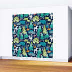 Geometric whimsical wonderland // navy blue background green forest with unicorns foxes gnomes and mushrooms Wall Mural Gallery Image 2