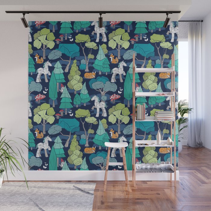 Geometric whimsical wonderland // navy blue background green forest with unicorns foxes gnomes and mushrooms Wall Mural Gallery Image 1