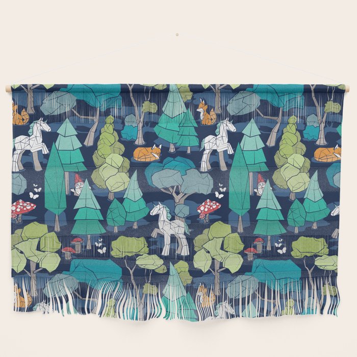 Geometric whimsical wonderland // navy blue background green forest with unicorns foxes gnomes and mushrooms Wall Hanging Gallery Image 1