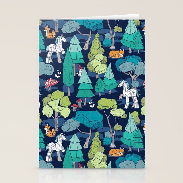 Geometric whimsical wonderland // navy blue background green forest with unicorns foxes gnomes and mushrooms Stationery Card Gallery Image 2
