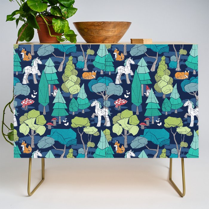 Geometric whimsical wonderland // navy blue background green forest with unicorns foxes gnomes and mushrooms Credenza Gallery Image 1