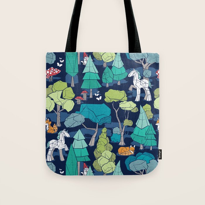 Geometric whimsical wonderland // navy blue background green forest with unicorns foxes gnomes and mushrooms Tote Bag Gallery Image 1