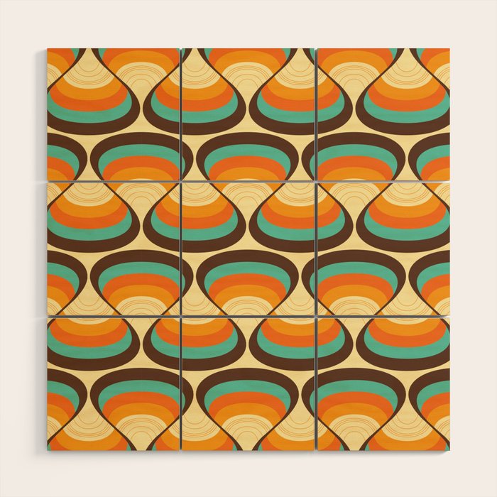 Wavy Turquoise Orange and Brown Retro Lines Wood Wall Art Gallery Image 1