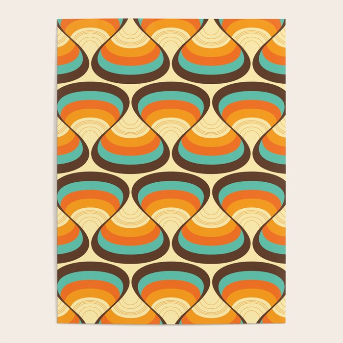 Wavy Turquoise Orange and Brown Retro Lines Poster
