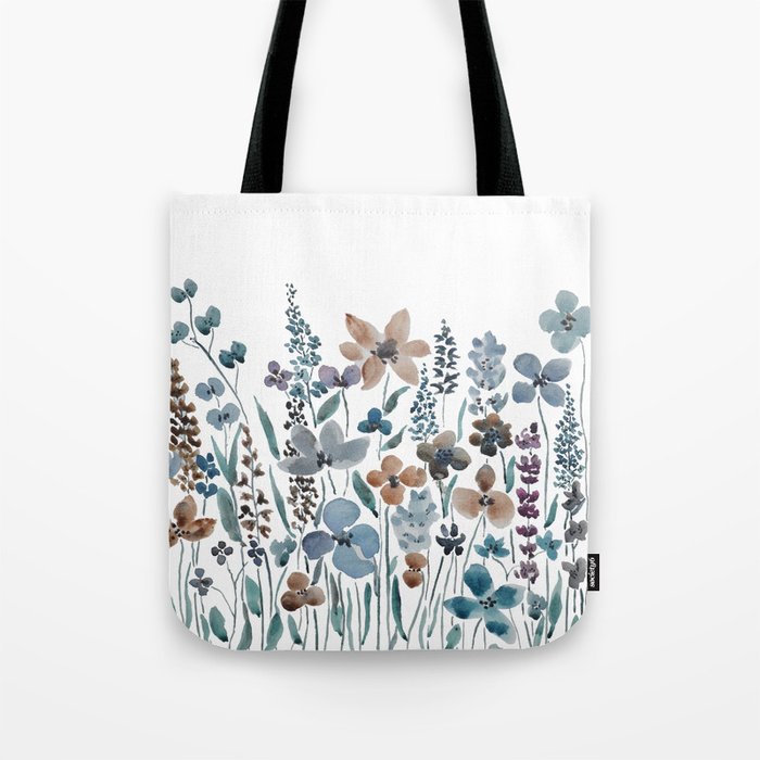 watercolor blue brown wildflower field  Tote Bag Gallery Image 1