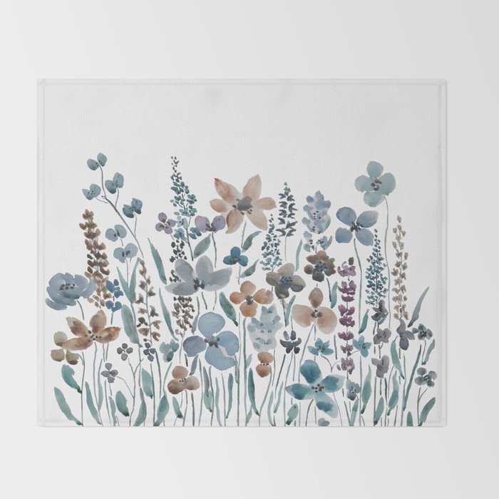 watercolor blue brown wildflower field  Throw Blanket Gallery Image 2