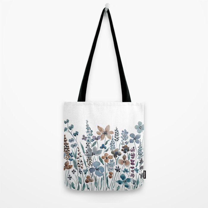 watercolor blue brown wildflower field  Tote Bag Gallery Image 2