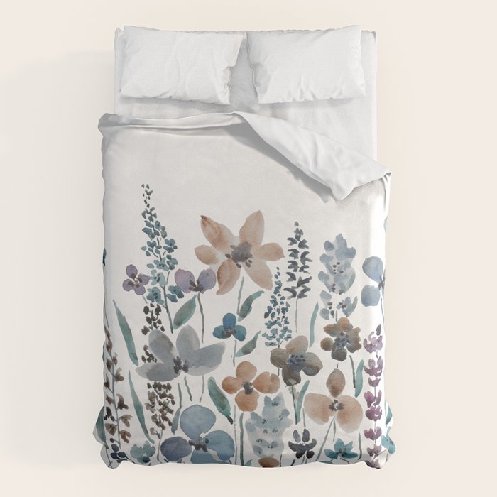watercolor blue brown wildflower field  Duvet Cover Gallery Image 6