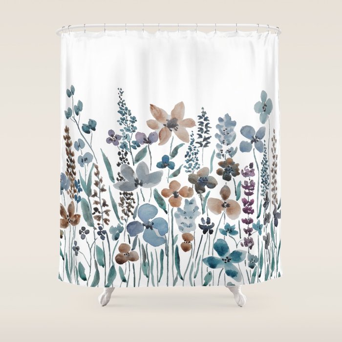 watercolor blue brown wildflower field  Shower Curtain Gallery Image 1