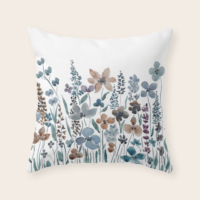 watercolor blue brown wildflower field  Throw Pillow Gallery Image 1