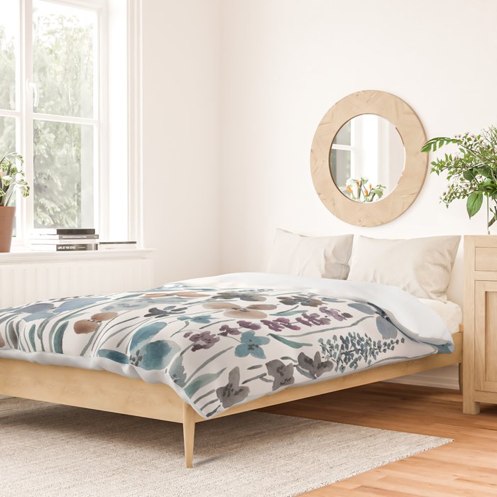 watercolor blue brown wildflower field  Duvet Cover Gallery Image 2