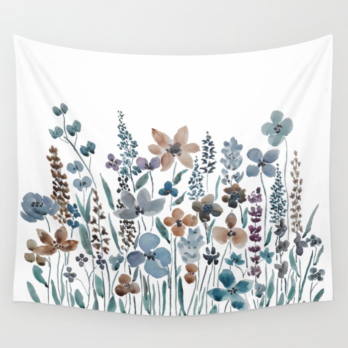 watercolor blue brown wildflower field  Wall Tapestry Gallery Image 4
