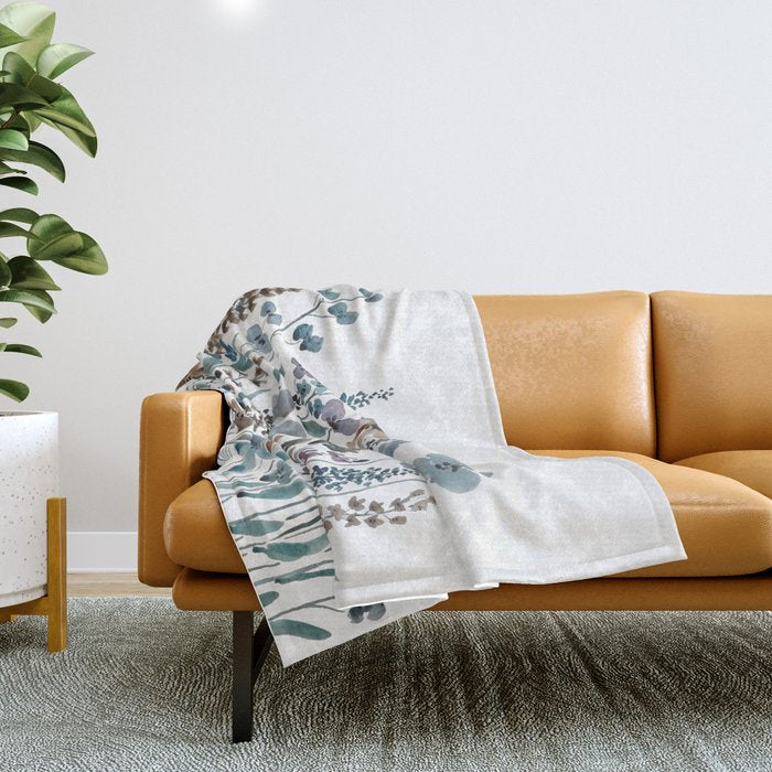 watercolor blue brown wildflower field  Throw Blanket Gallery Image 1